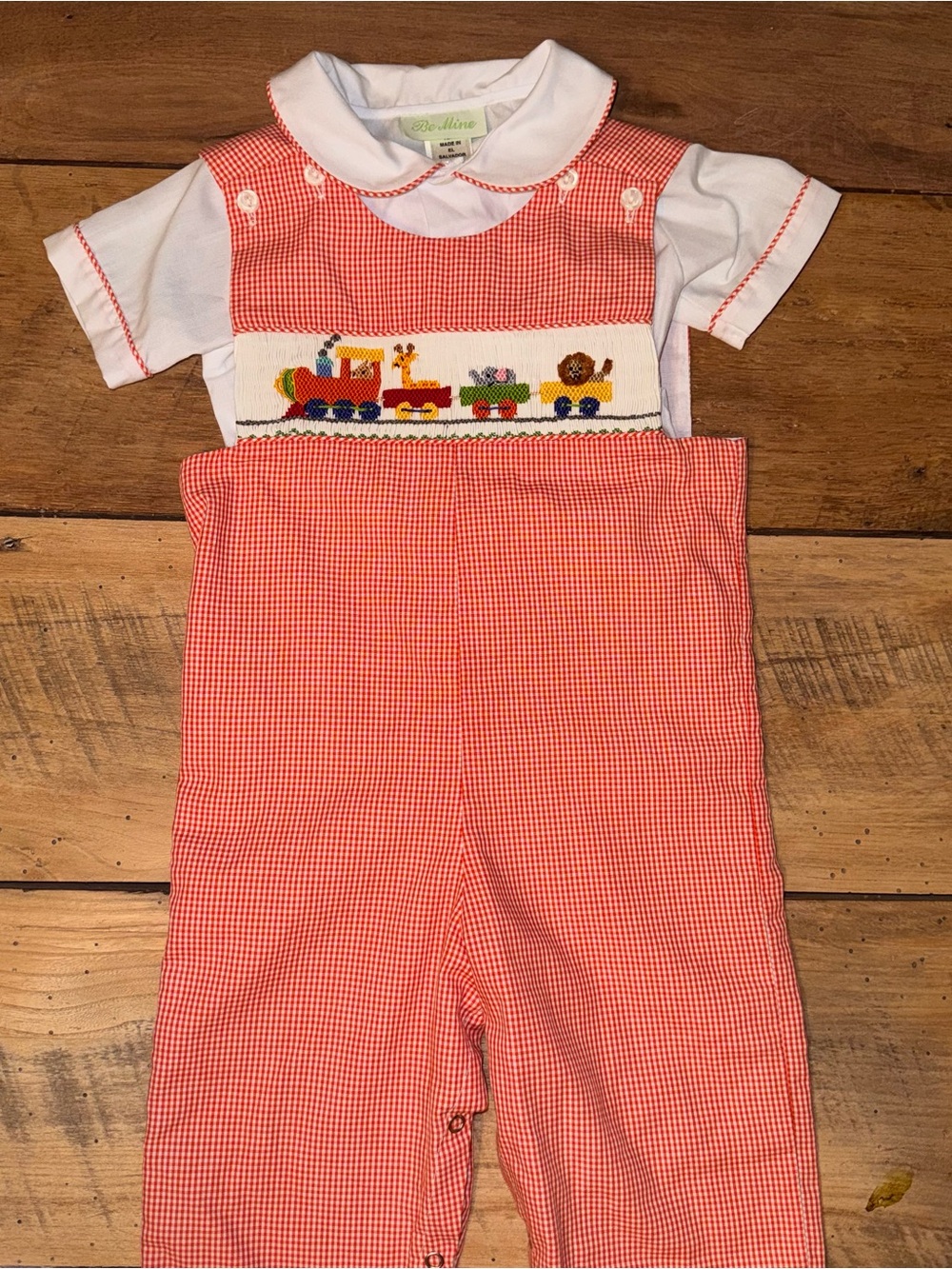 Be Mine Infant Boys Smocked 2 piece train set size 12 months gingham red romper